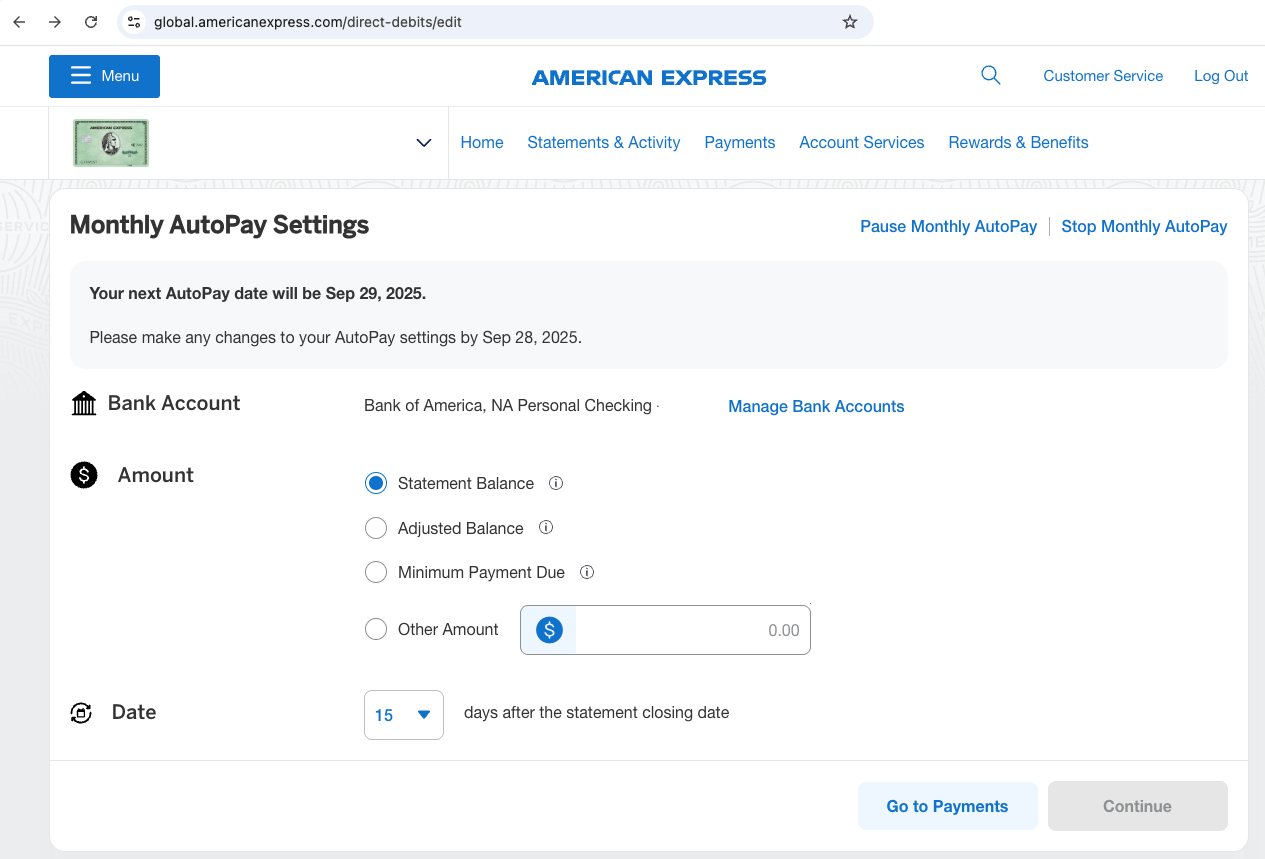 Setting up AutoPay for American Express credit cards