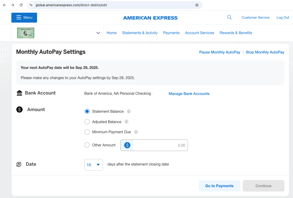 Setting up AutoPay for American Express credit cards